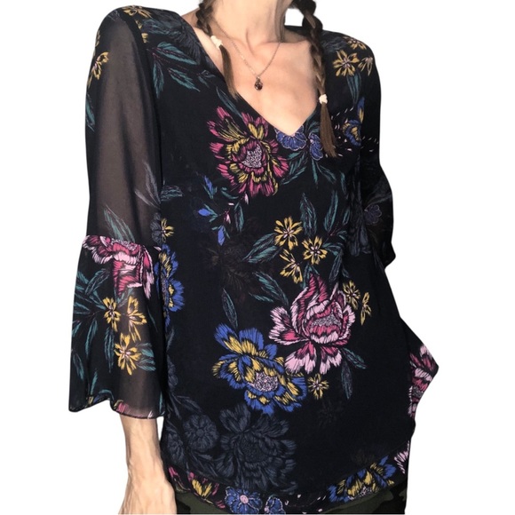 Cabi Blouse Whimsigoth Top Women Sz S Dark Floral  Romantic Tunic Sheer Bell - Picture 1 of 9